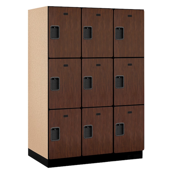 3 Tier Designer Locker, 54"Wx76"Hx24"D, 9 Door, Mahogany